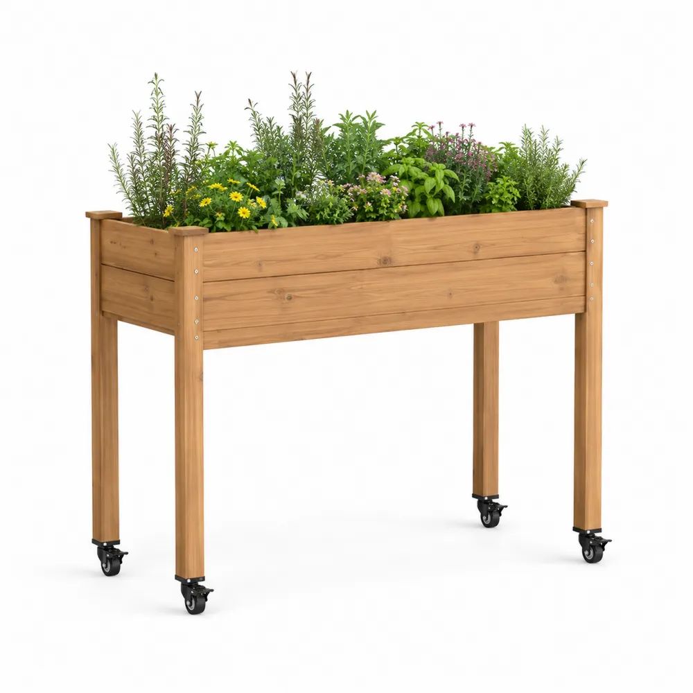 Jardinière surélevée mobile rectangulaire en bois massif brun clair avec roulettes, 110 × 50 × 90 cm