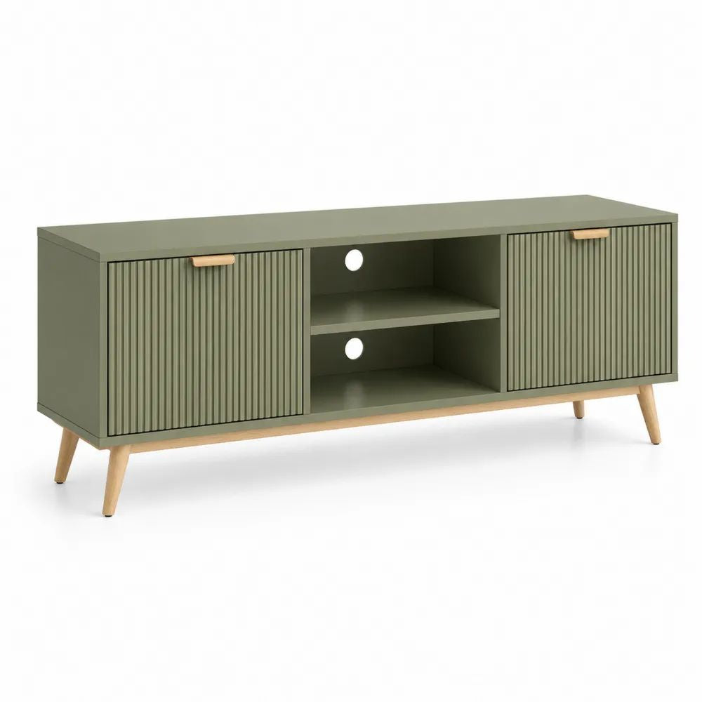 Meuble TV bas rectangulaire en MDF et pin massif, 2 portes et 2 niches, vert olive et bois naturel, 140 × 40 × 58 cm