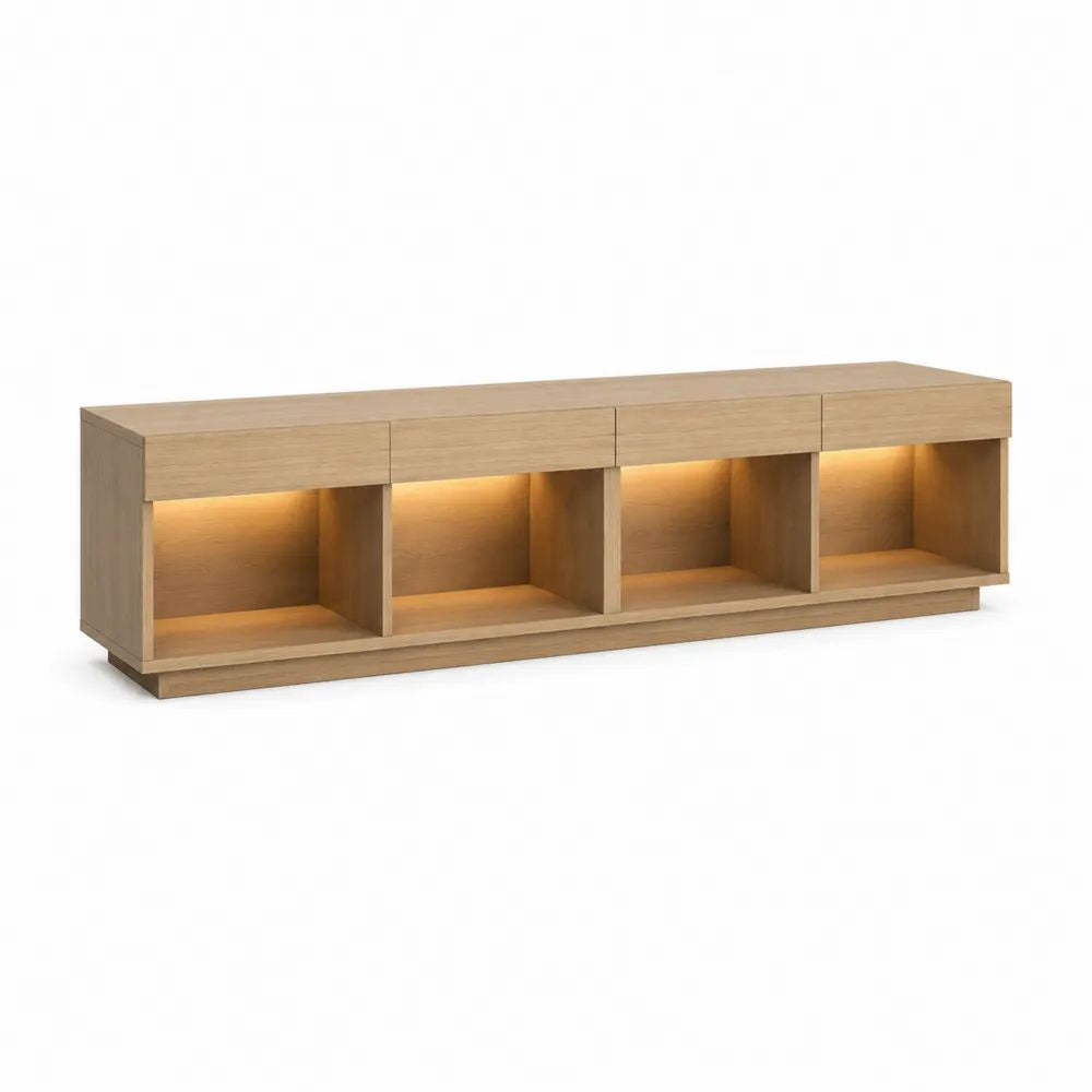 Meuble TV rectangulaire en bois avec éclairage LED, 4 tiroirs et 4 niches, chêne naturel, 200 × 40 × 65 cm