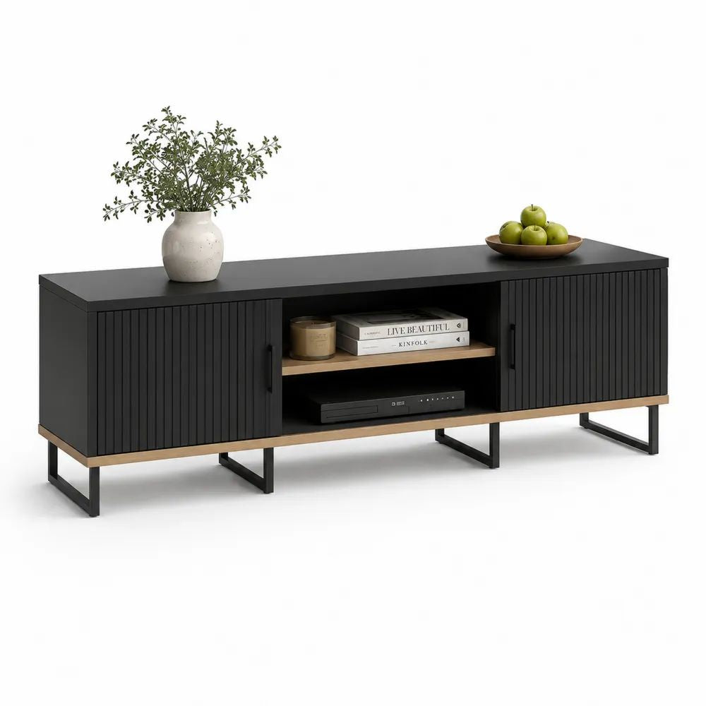 Meuble TV bas rectangulaire en panneaux de particules mélaminés et acier, noir et chêne naturel, 180 x 40 x 60 cm