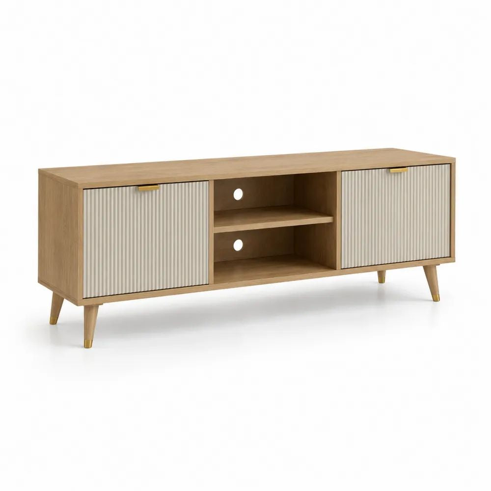 Meuble TV rectangulaire en panneaux de particules et MDF, chêne naturel et beige, 140 × 40 × 55 cm