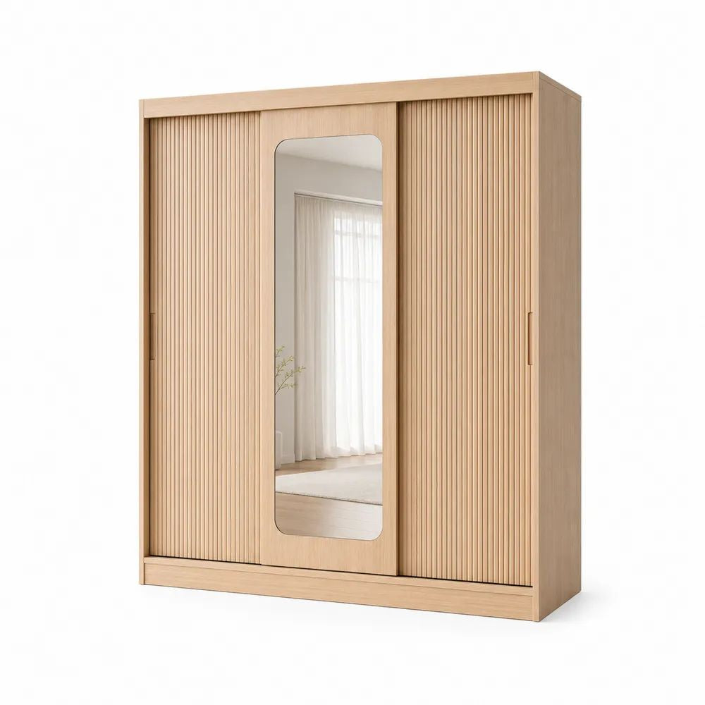 Armoire 3 portes coulissantes avec miroir, panneaux de particules et MDF mélaminés, chêne naturel, 180 × 60 × 200 cm