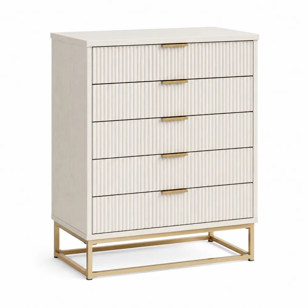 Commode à 5 tiroirs en MDF rainuré et acier, blanc cassé et doré, 80 × 40 × 100 cm