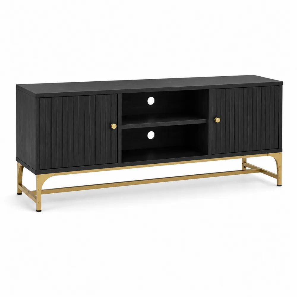 Meuble TV noir et doré 140 x 40 x 60 cm en MDF et acier avec 2 portes, 2 niches et passe-câbles