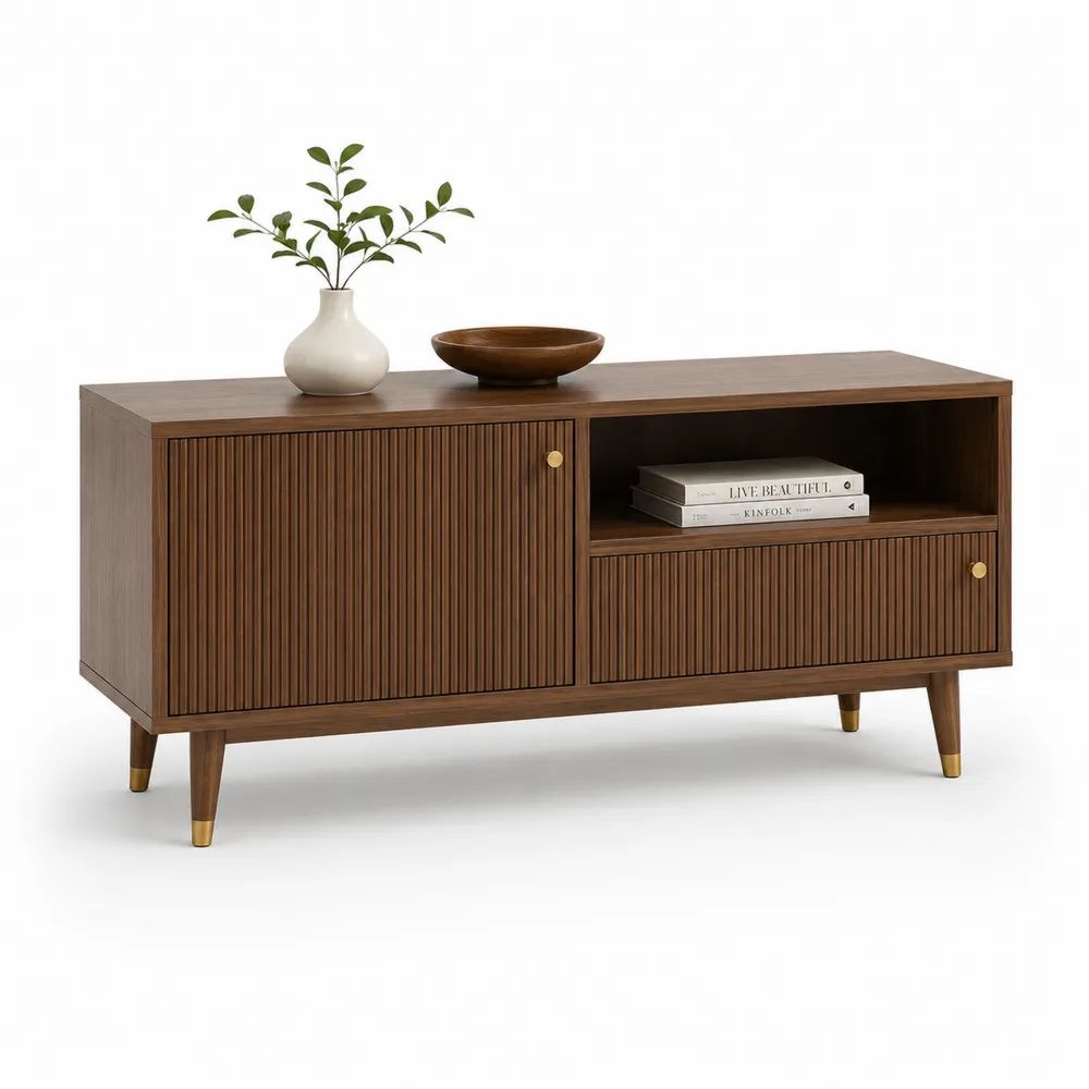 Meuble TV avec rangements en MDF plaqué noyer brun et doré, 120 × 40 × 70 cm