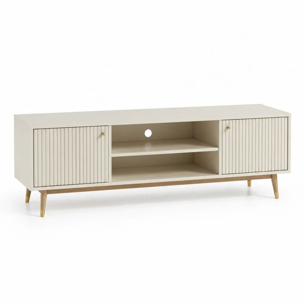 Meuble TV bas en MDF beige et bois décor chêne clair, 2 portes et 2 niches, 160 x 40 x 60 cm