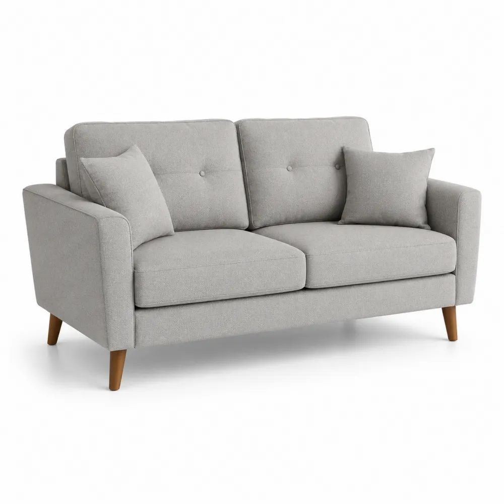 Canapé droit 2 places en tissu gris clair avec 2 coussins et pieds en bois marron, 160 × 82 × 84 cm
