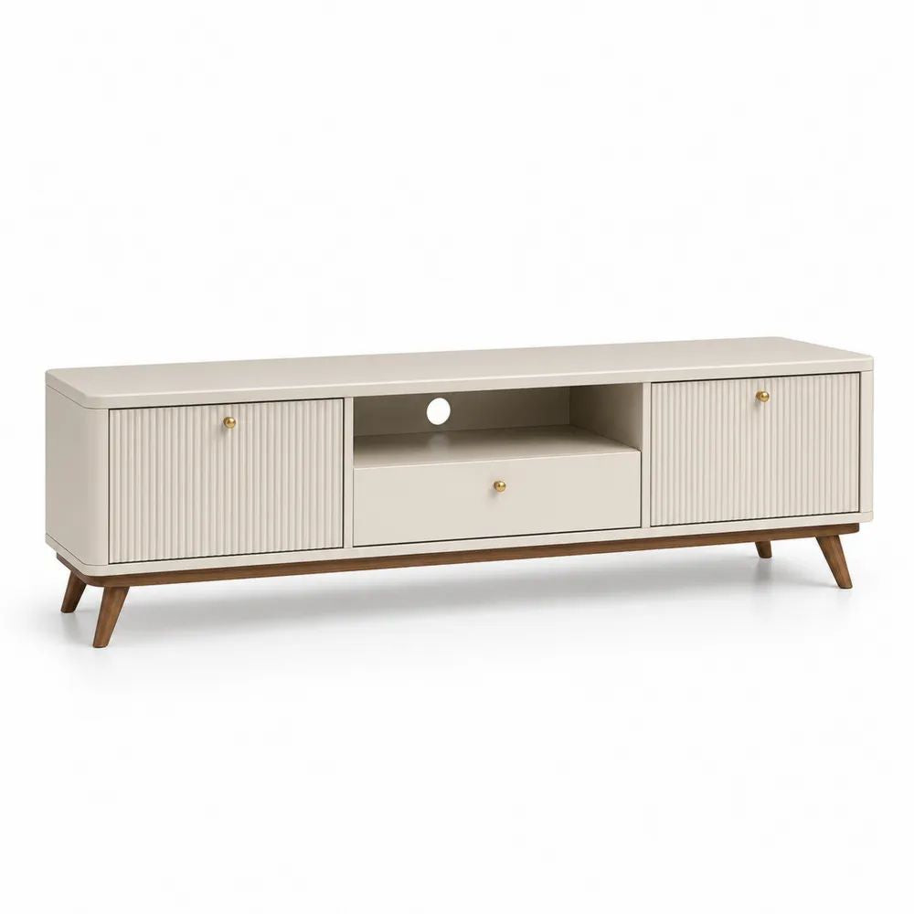 Meuble TV rectangulaire en MDF beige 180 × 40 × 60 cm avec 2 portes, 1 tiroir et 1 niche