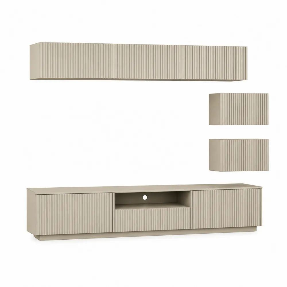 Ensemble meuble TV mural 4 éléments en panneaux de particules et MDF rainuré beige grège, meuble bas 200 × 40 × 50 cm