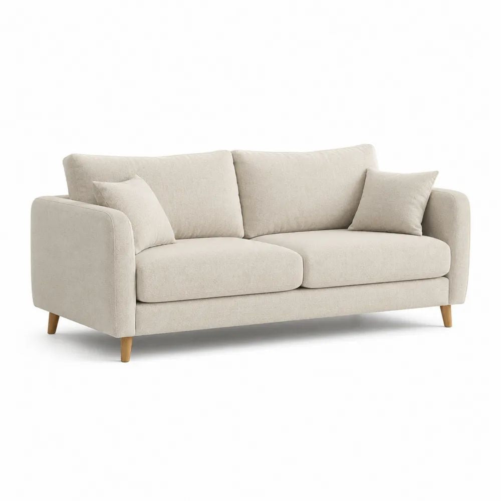 Canapé droit 3 places en polyester tissé beige clair avec pieds en hévéa massif, 199 x 88 x 85 cm