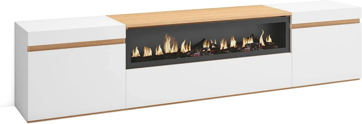 Meuble TV, 80 pouces, 200x45x35cm, blanc, foyer électrique, Skraut Home
