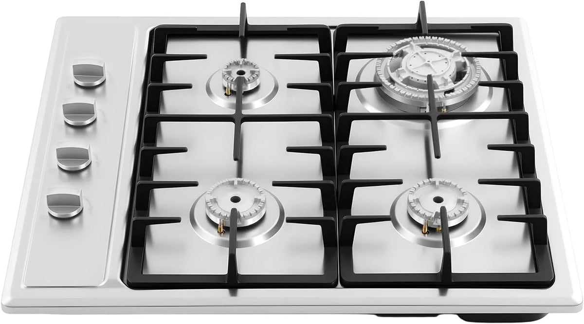 Plaque de cuisson à gaz, 59x51 cm, 4 foyers, encastrable, acier inoxydable, table de cuisson à gaz, Inox, Allumage Sécurisé Économie d'Énergie