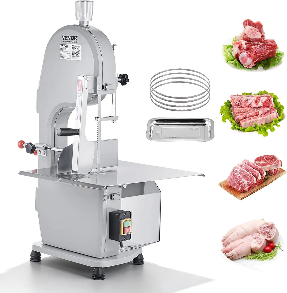 VEVOR Scie à Os de Boucher Électrique Commerciale Scie à Ruban pour Os 1500 W 300 kg/h Scie Électrique pour Viande et Os Congelés Table 490x380 mm