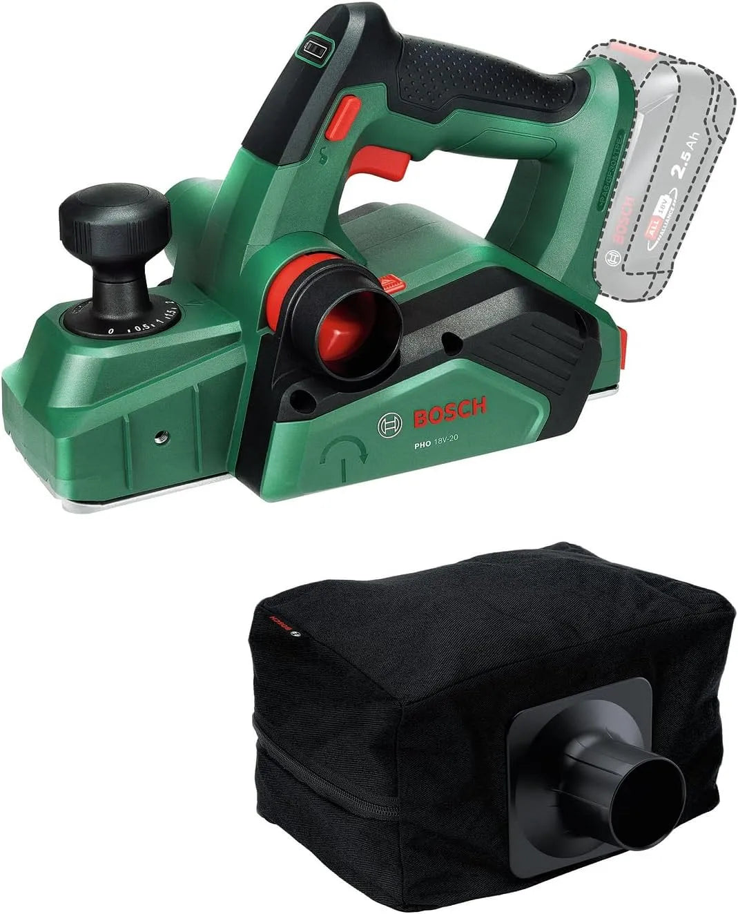 Bosch PHO 18V 18V-20 avec sac à poussière, rabotage possible sous différents angles, 18V System rabot sans-fil PHO 18V-20, changement de fer facile