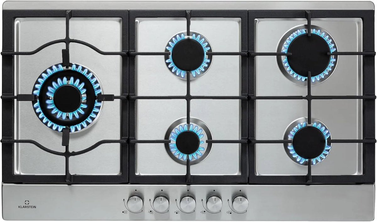 Klarstein Cuisinière avec four, 5 foyers, 11100 W, encastrable, acier inoxydable, Klarstein Tables de Cuisson à Gaz, Plaque de Cuisson