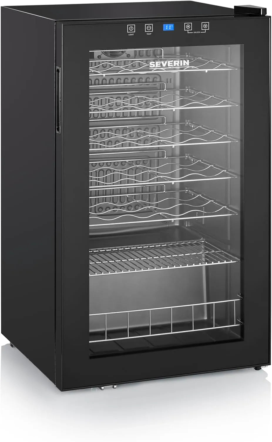 Severin Cave à vin électrique, 95 L, 33 bouteilles, 5 à 18 °C, éclairage LED, tactile, noir, WKS 8908, 85 cm, Long. 48 cm, Haut. 85 cm, Maintien de