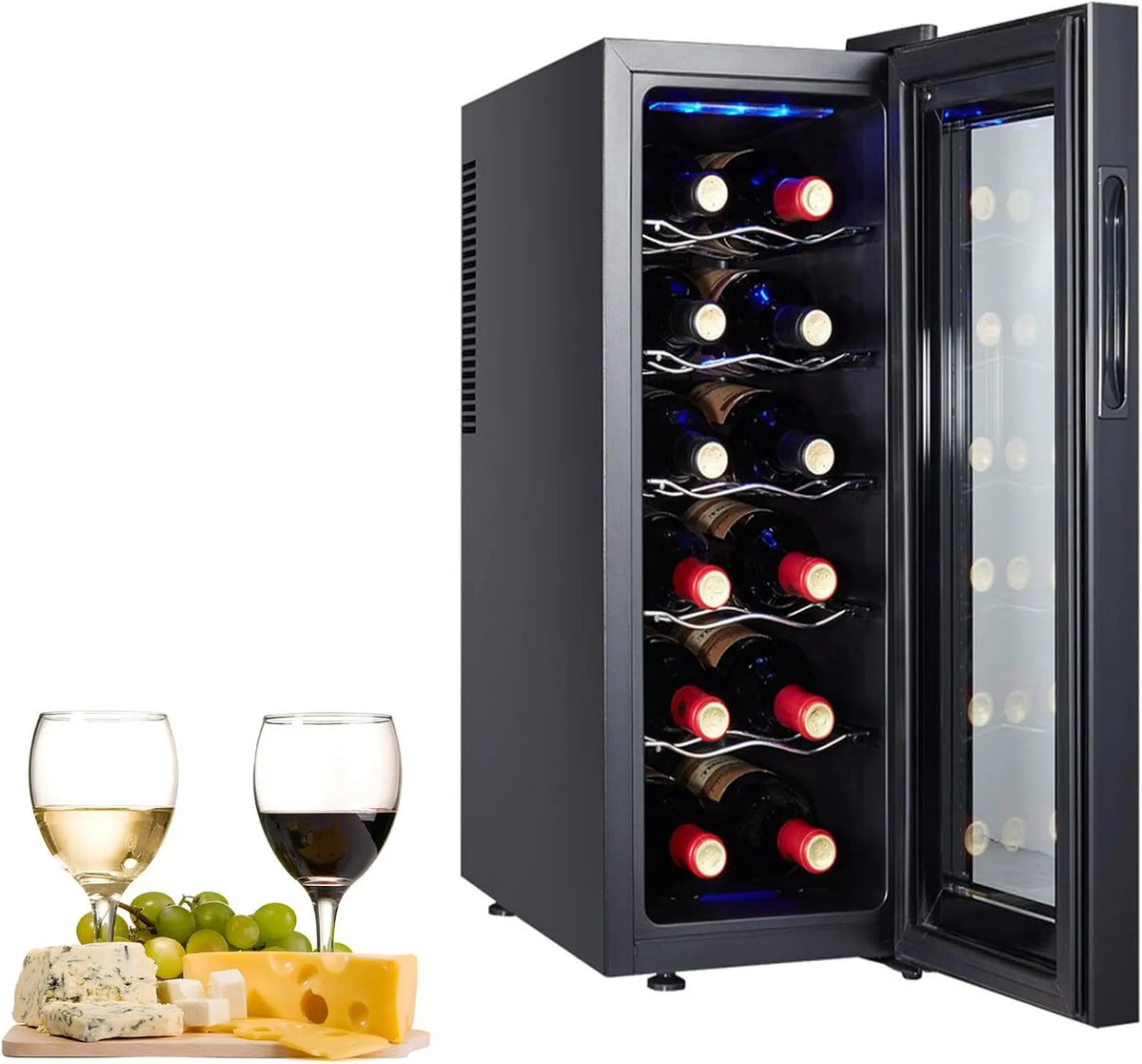 Cave à vin électrique, 12 bouteilles, 8 à 18 °C, 2 zones de température, éclairage LED, extérieur, tactile, Porte en Verre, Bar Intérieur