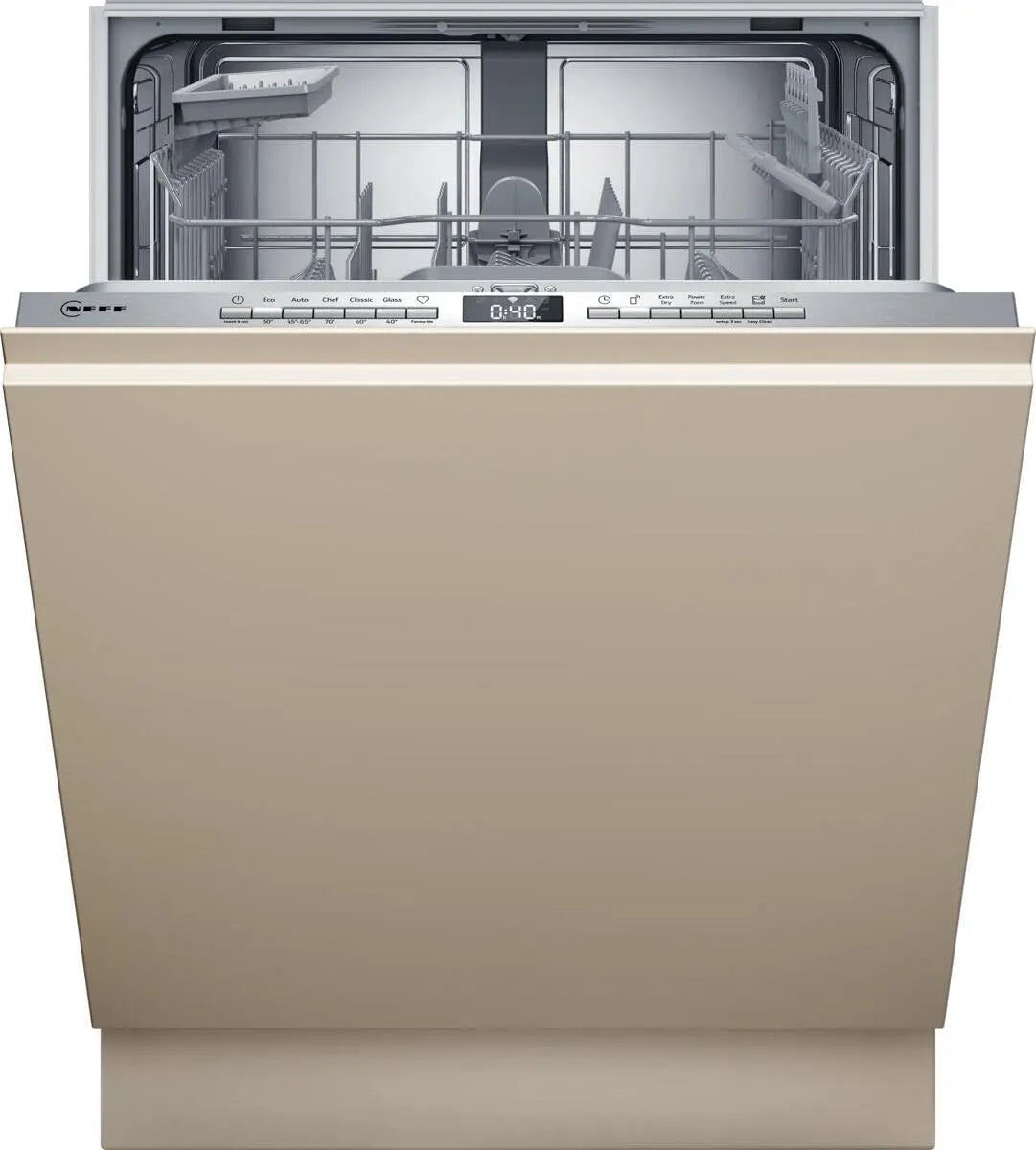 NEFF Lave-vaisselle, 60 cm, panier à couverts, tout intégrable, nettoyage puissant avec Chef 70 °C, panier supérieur réglable en hauteur, entièrement