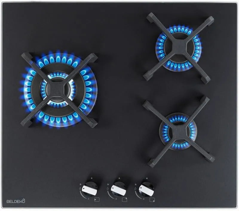 Plaque de cuisson à gaz, 3 foyers, 6200 W, gril, fonte, table de cuisson à gaz, noir