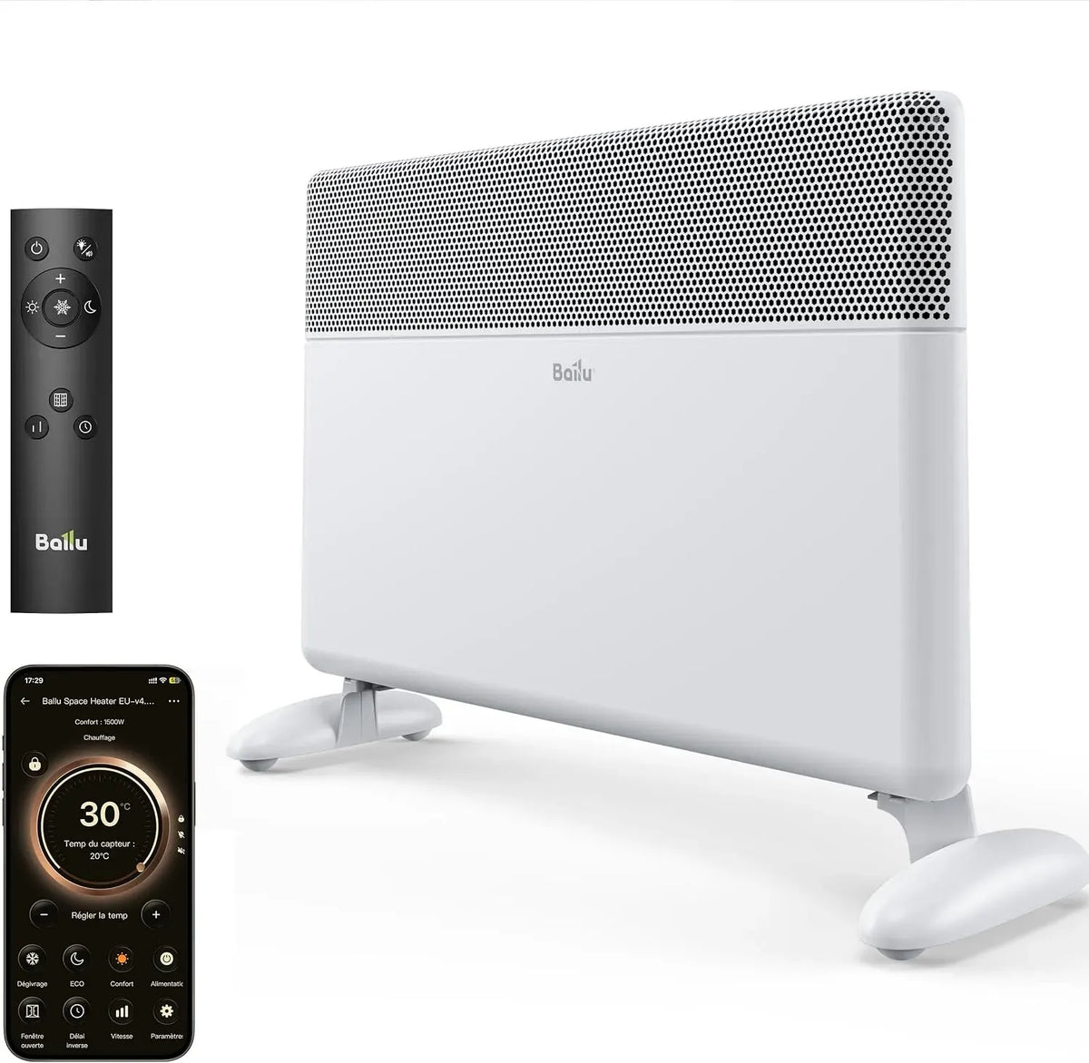Radiateur électrique, 1500 W, roulettes de déplacement, Wi-Fi, thermostat, blanc, App & Télécommande