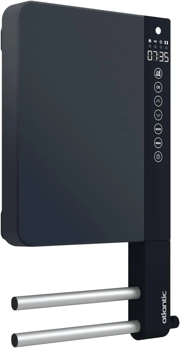 800W+1000W Atlantic, TELIA, Sèche-serviettes soufflant noir 2 barres 1800W, un format mini pour un maximum de fonctionnalités, Boitier de commande à