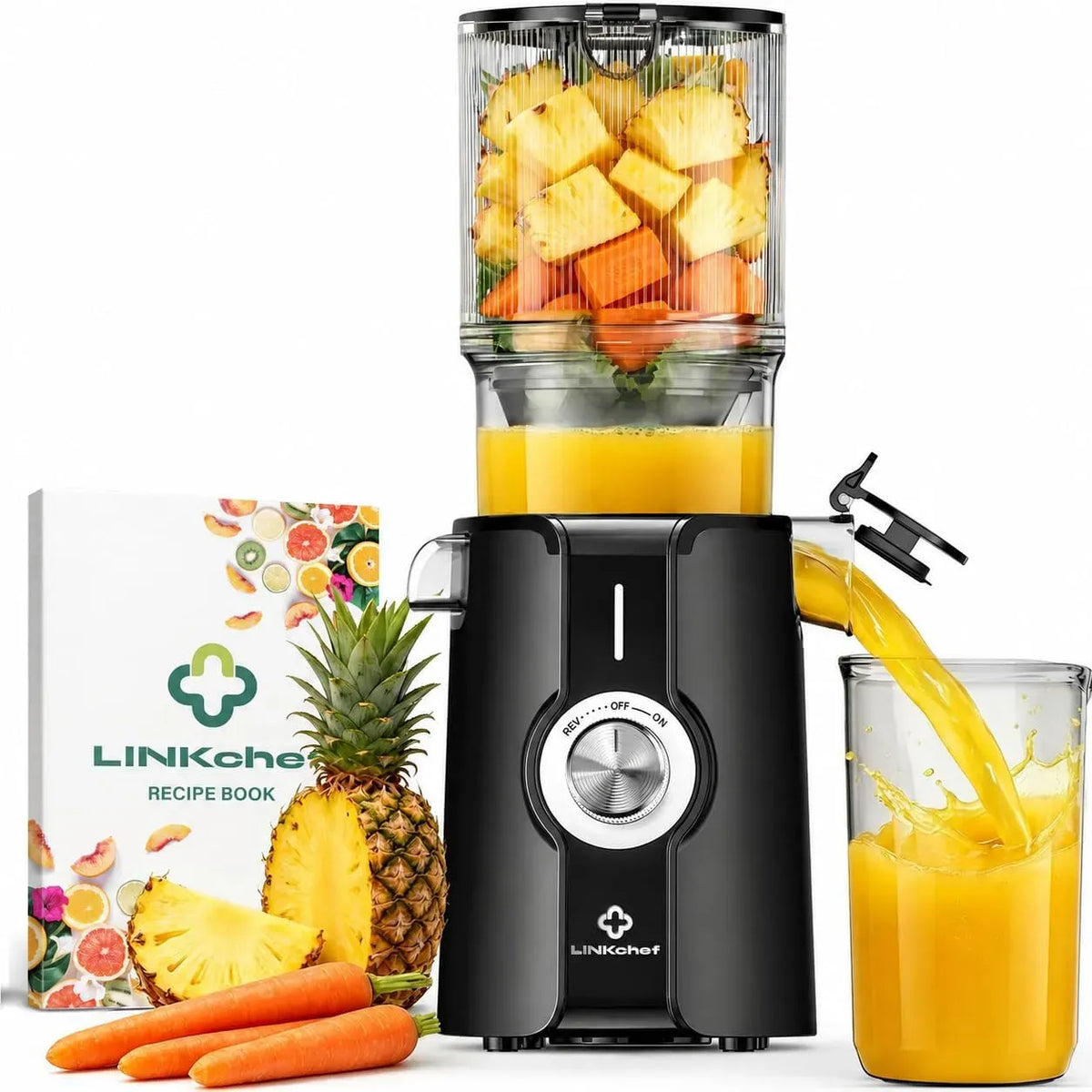 Extracteur de jus, 200 W, Sans BPA, presse-agrumes et extracteur, LINKChef Extracteur de Jus Fruits et Légumes