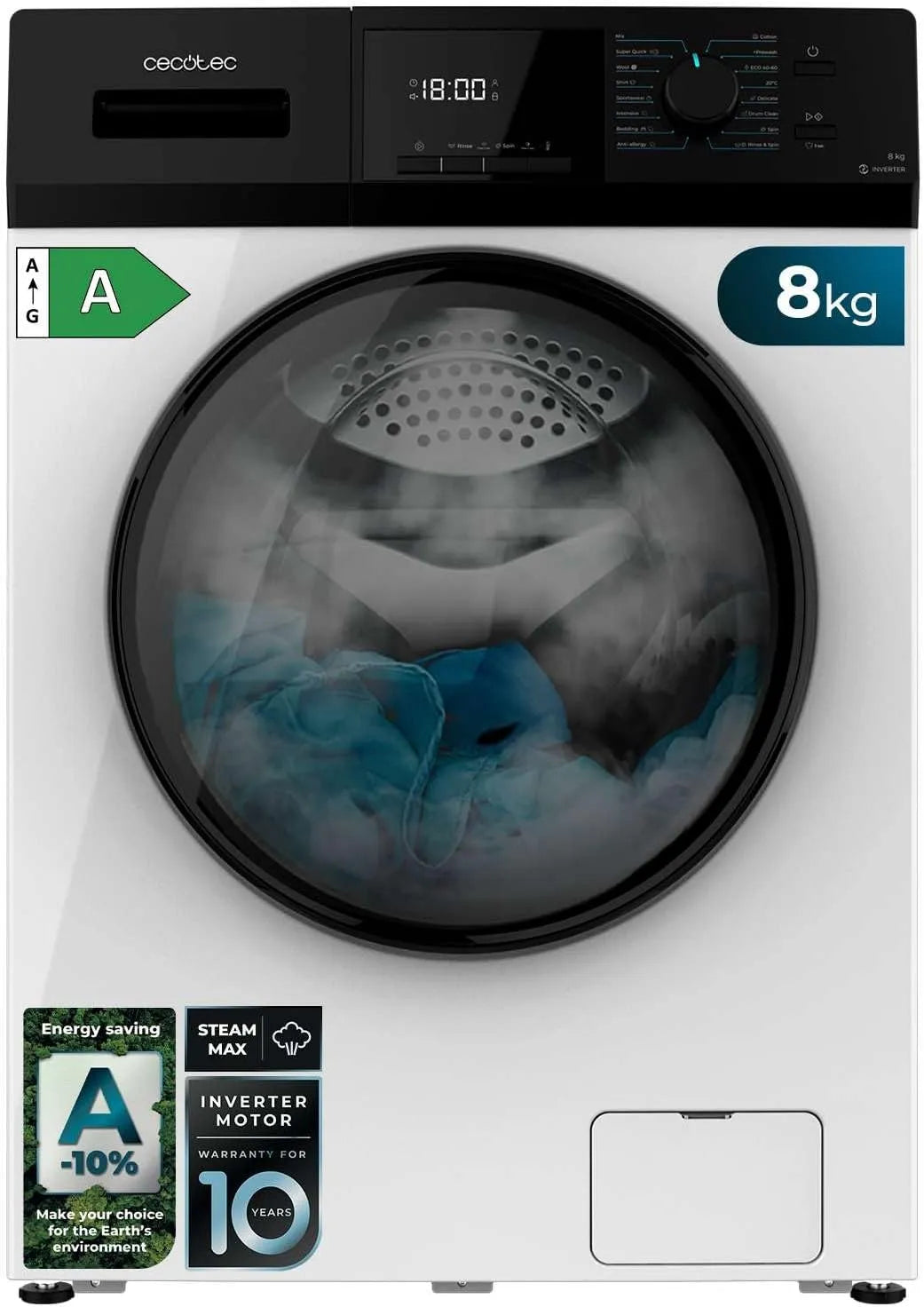 Cecotec Bolero Dresscode 8410 Lave-linge, 1900 W, 16 programmes, 8 kg, Inverter, vapeur, 1400 tr/min Réglable