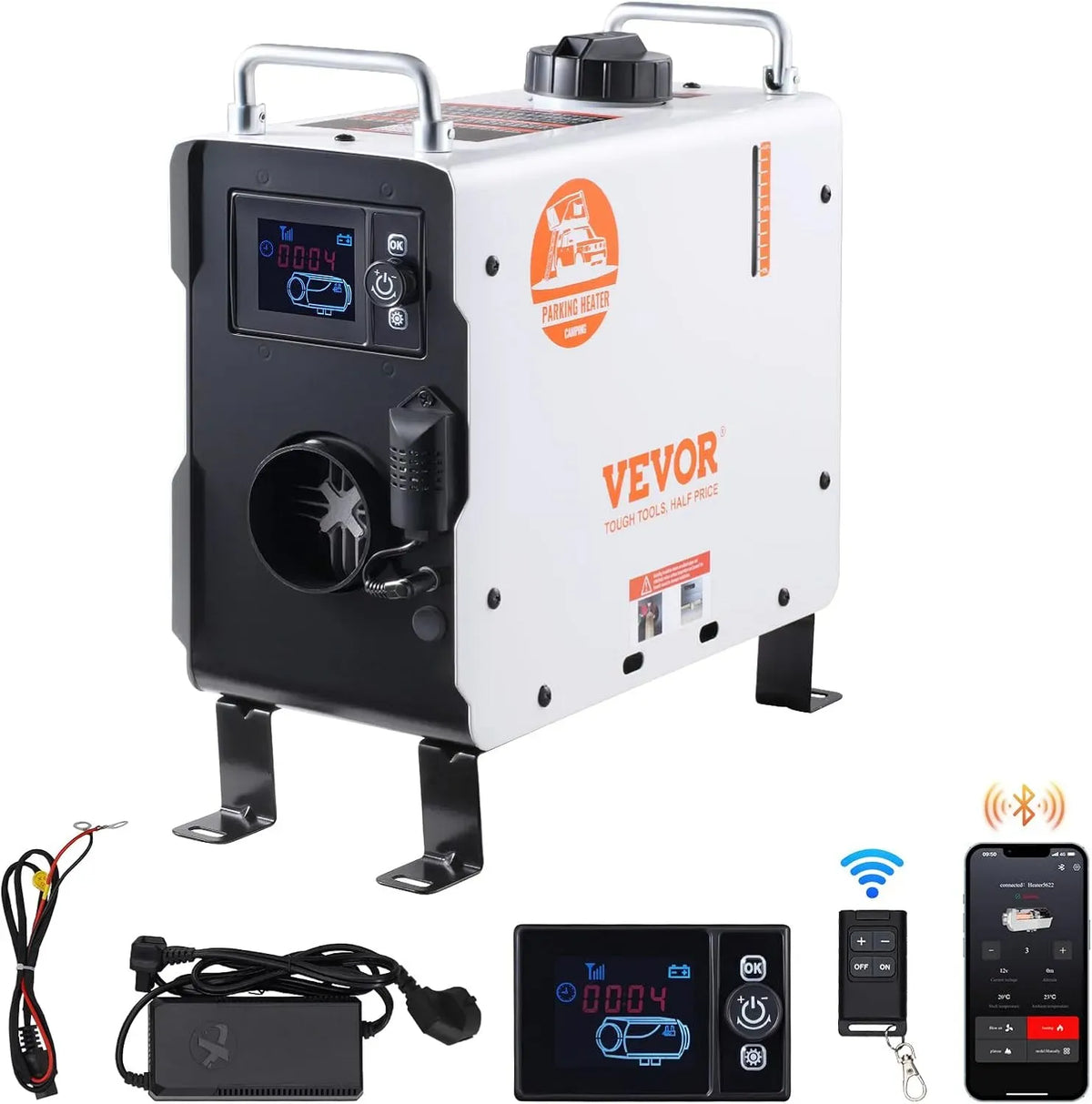 VEVOR Radiateur électrique, 24 V, portable, Bluetooth, Réchauffeur d'Air Diesel 12/24 V, Contrôle par App Bluetooth, Alarme CO