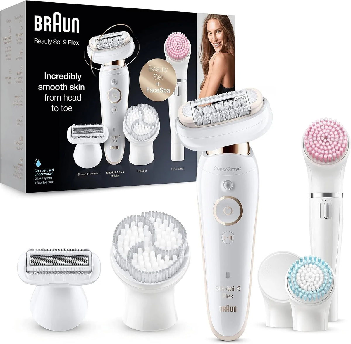 Braun Tête Souple, Grip Antidérapant, Silk-épil 9 Coffret Beauté & Spa Epilateur Electrique Femme Blanc/Doré, 9-100, Brosses Exfoliantes Et Éponge De