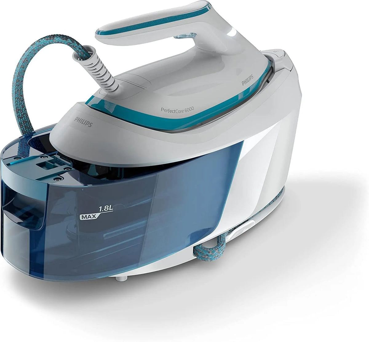 Philips 130g/min PSG6022/20 Blanc/Bleu, technologie OptimalTEMP, centrale vapeur PerfectCare 6000, 6,5 bars, Vapeur 130g/min, semelle steamglide plus