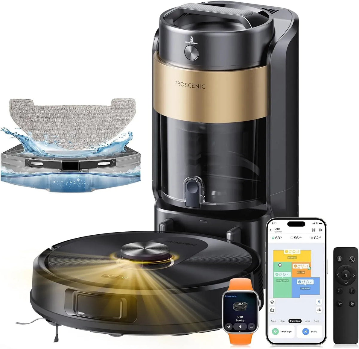 Robot aspirateur, Proscenic 200Min, aspirateur robot, 10000Pa Robot Aspirateur Laveur avec Station sans Sac Vidage Automatique