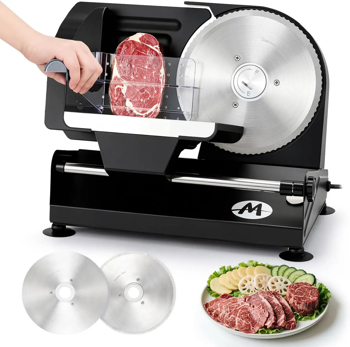 Moongiantgo Trancheuse Électrique, pour Viande, pour Sécurité Enfant, 2 Lames, Epaisseur Réglage de 1-20 mm, Amovible Lame 18, Fromage, Pain, 220W
