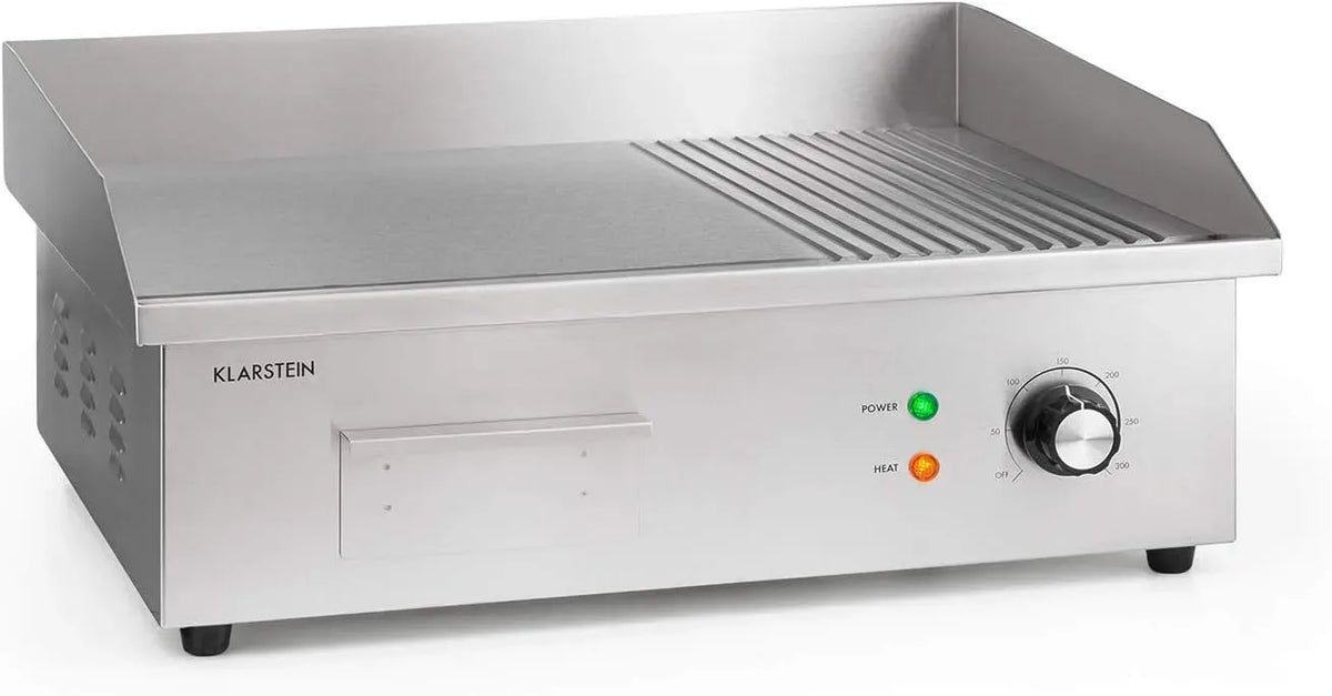 Klarstein 3000GR 50-300 °C, Grillmeille Pro Plaque de Gril Électrique en Fonte, Surface 54,5 x 35 cm, 2/3 Lisse & 1/3 Rainuré, 3000 W avec, Inox
