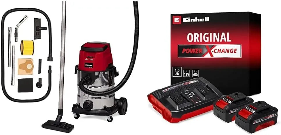 Einhell VC 36 Aspirateur, 25 L, 36 V, Boost, acier inoxydable, puissance d'aspiration 150 mbar, cuve inox 25L, Twincharger et 2 Batteries 4,0Ah