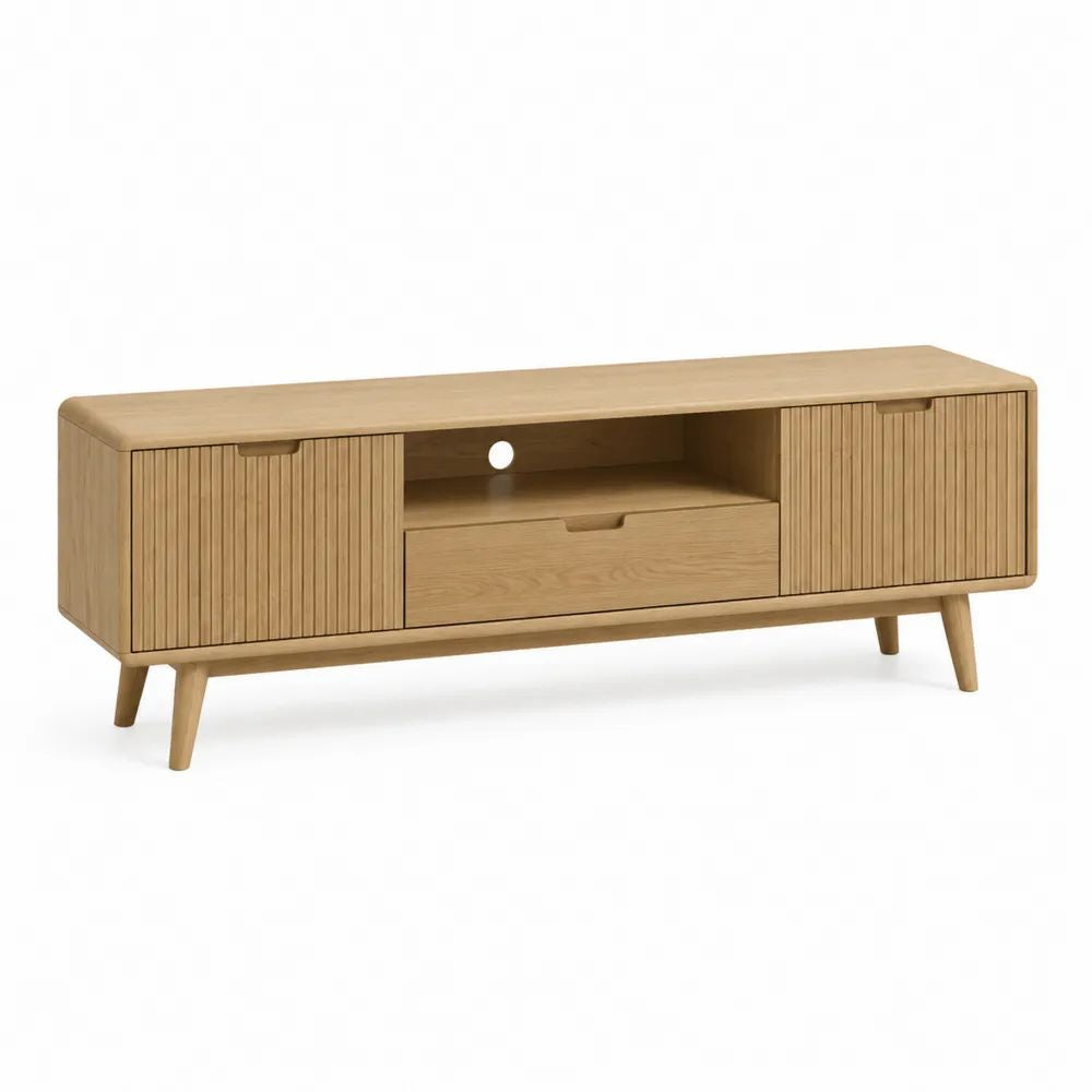 Meuble TV rectangulaire en bois, 2 portes coulissantes, 1 tiroir et niche ouverte, chêne naturel, 160 x 40 x 60 cm
