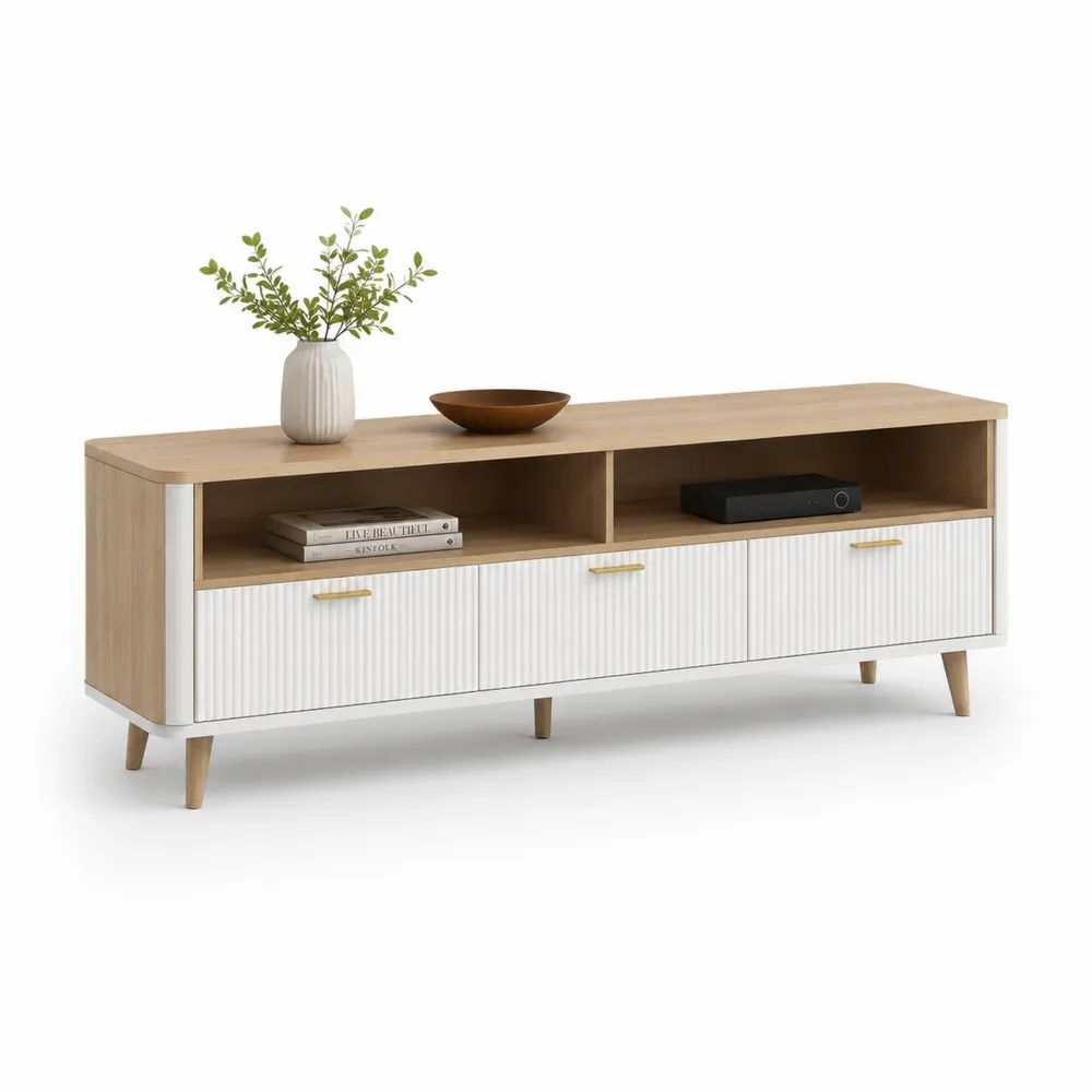 Meuble TV en bois et métal avec 3 tiroirs et 2 niches, 160 x 40 x 60 cm, chêne clair, blanc et doré