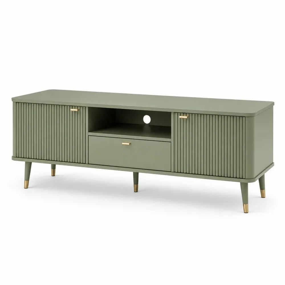 Meuble TV vert sauge et laiton avec 2 portes, 1 tiroir et niche, MDF et panneaux de particules, 140 × 40 × 58 cm
