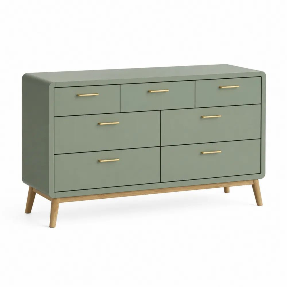 Commode basse rectangulaire à 7 tiroirs en MDF et bois massif, vert sauge, 120 × 40 × 80 cm