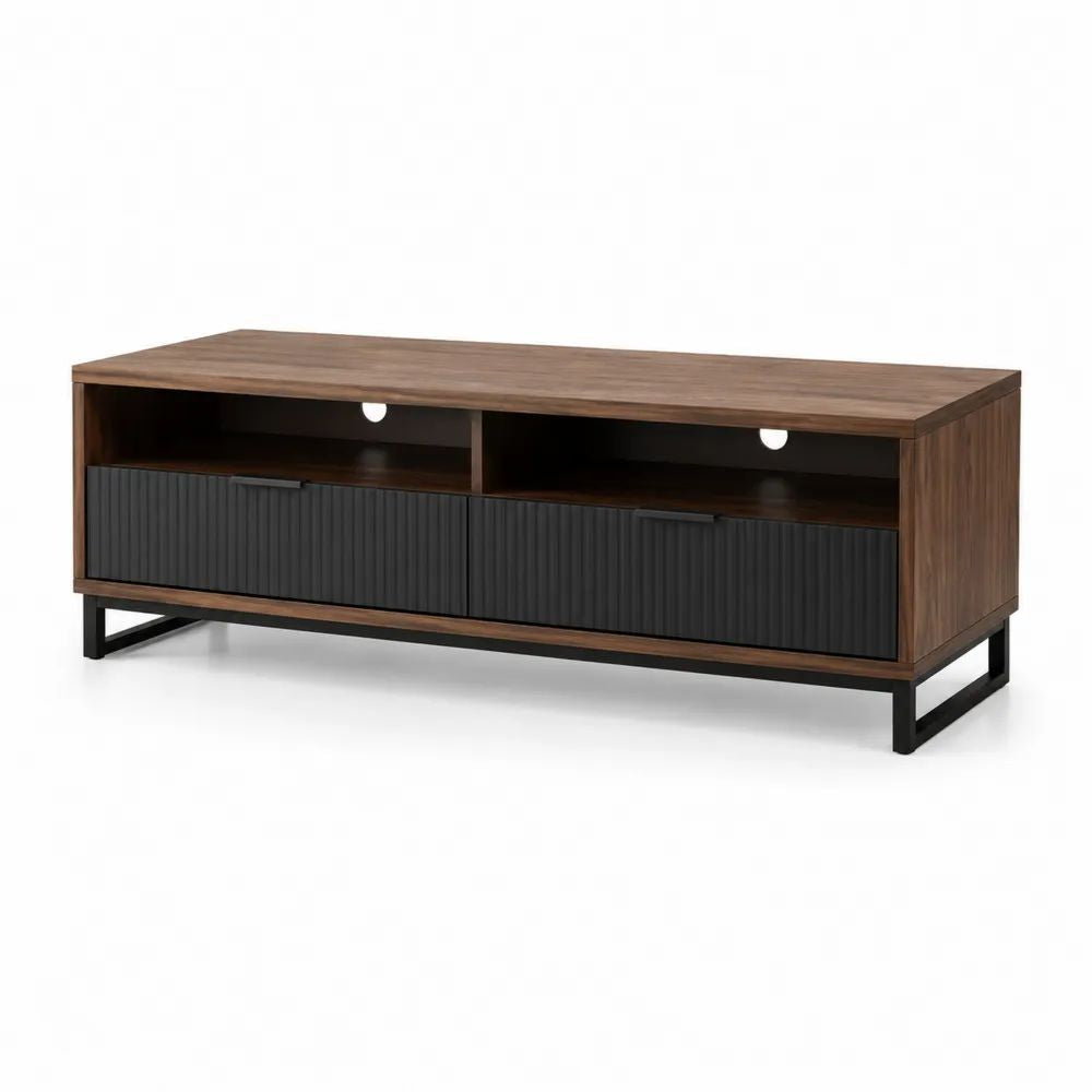 Meuble TV rectangulaire en panneaux mélaminés et acier, 3 tiroirs, 2 niches, marron noyer et noir, 140 × 40 × 60 cm