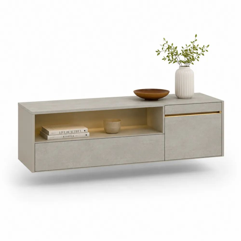 Meuble TV mural suspendu en panneaux de particules mélaminés effet béton gris et beige avec niche éclairée LED, 160 x 40 x 60 cm