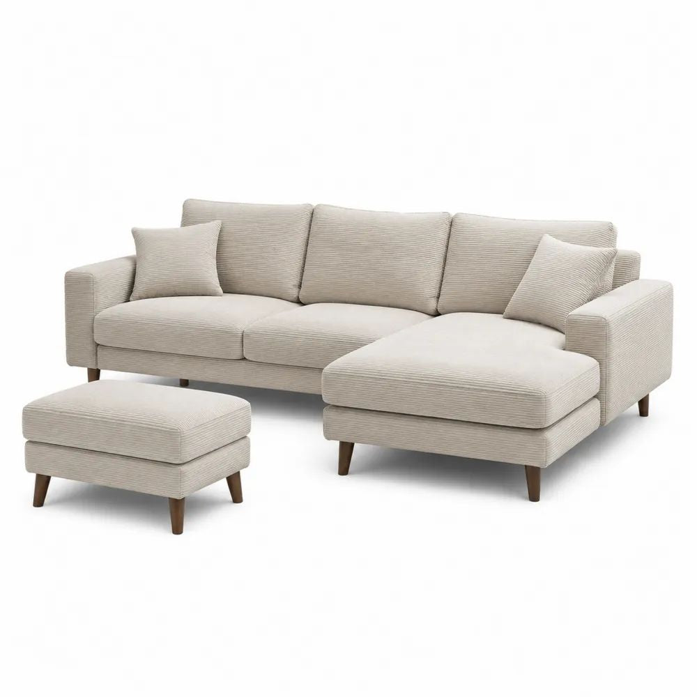 Ensemble canapé d’angle 3 places en tissu beige avec méridienne droite et pouf, 255 × 155 × 88 cm, pouf 70 × 55 × 45 cm