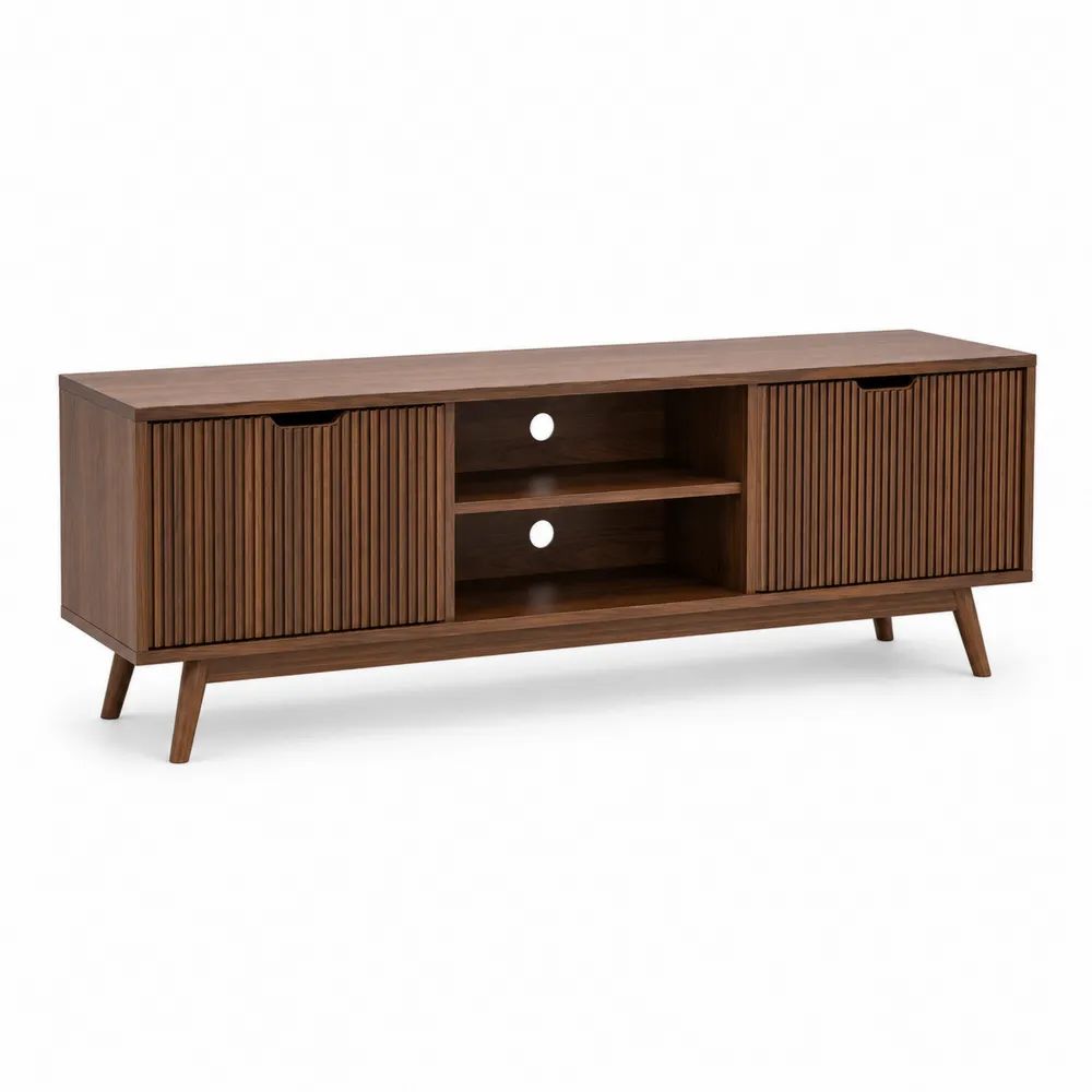 Meuble TV rectangulaire en bois avec 2 portes cannelées et 2 niches, marron noyer, 160 × 40 × 58 cm