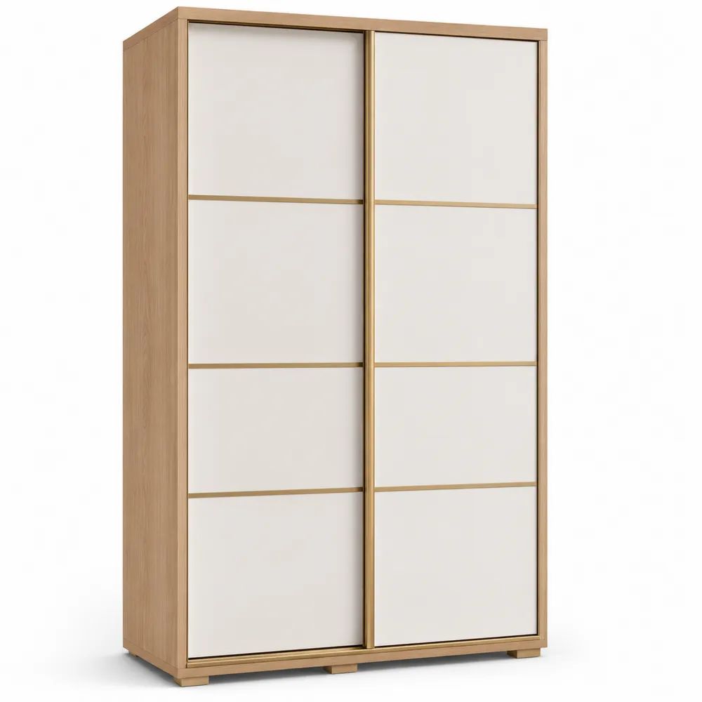 Armoire penderie rectangulaire à 2 portes coulissantes en panneaux de particules mélaminés, chêne clair, blanc et champagne, 120 × 60 × 200 cm