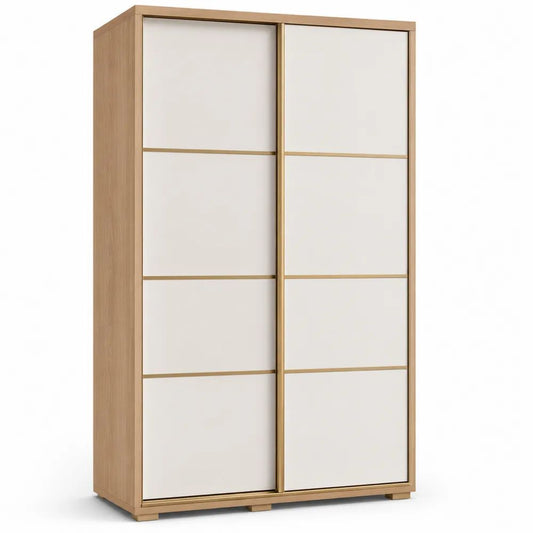 Armoire penderie rectangulaire à 2 portes coulissantes en panneaux de particules mélaminés, chêne clair, blanc et champagne, 120 × 60 × 200 cm