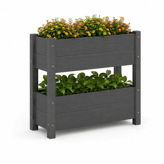 Jardinière surélevée à 2 niveaux en bois gris anthracite, 100 × 40 × 90 cm