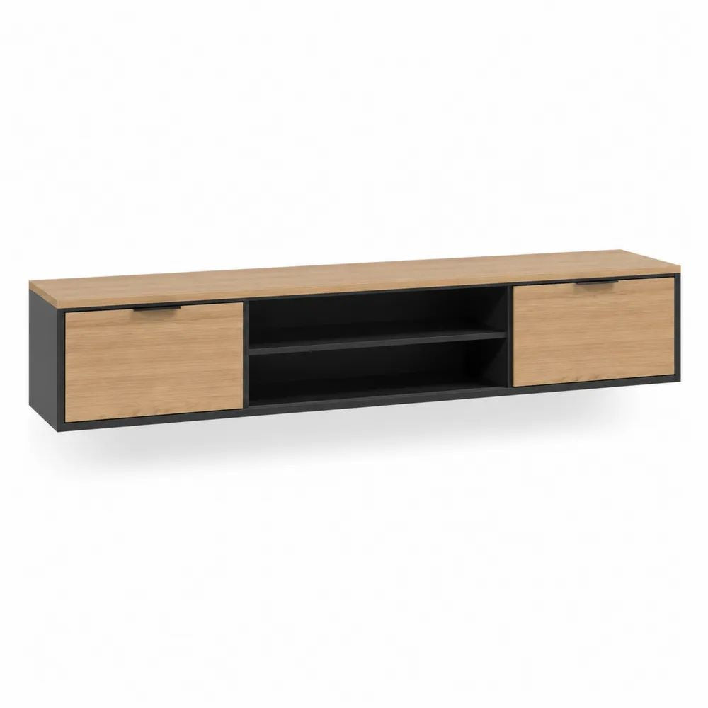 Meuble TV suspendu rectangulaire en panneaux de particules mélaminés, chêne naturel et noir, 180 × 40 × 35 cm