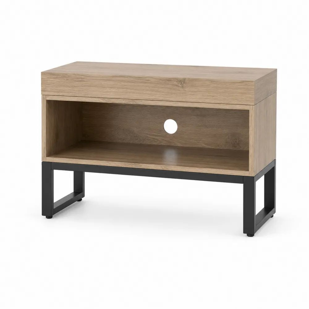 Meuble TV rectangulaire en bois et acier avec tiroir et niche ouverte, chêne naturel et noir, 80 x 40 x 65 cm