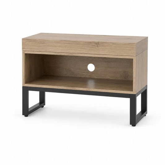 Meuble TV rectangulaire en bois et acier avec tiroir et niche ouverte, chêne naturel et noir, 80 x 40 x 65 cm