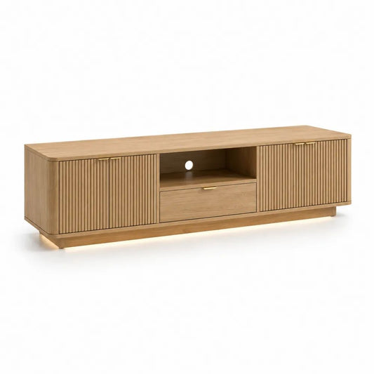 Meuble TV bas rectangulaire en MDF plaqué chêne naturel, 2 portes rainurées et 1 tiroir, 180 × 40 × 55 cm