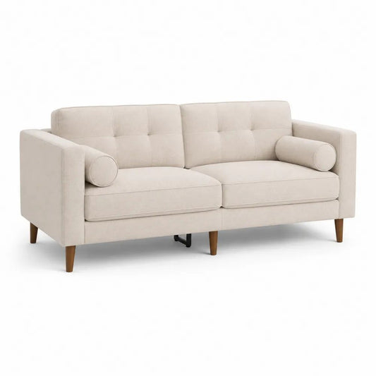 Canapé droit 3 places en tissu beige avec pieds en bois massif brun, 180 × 78 × 82 cm